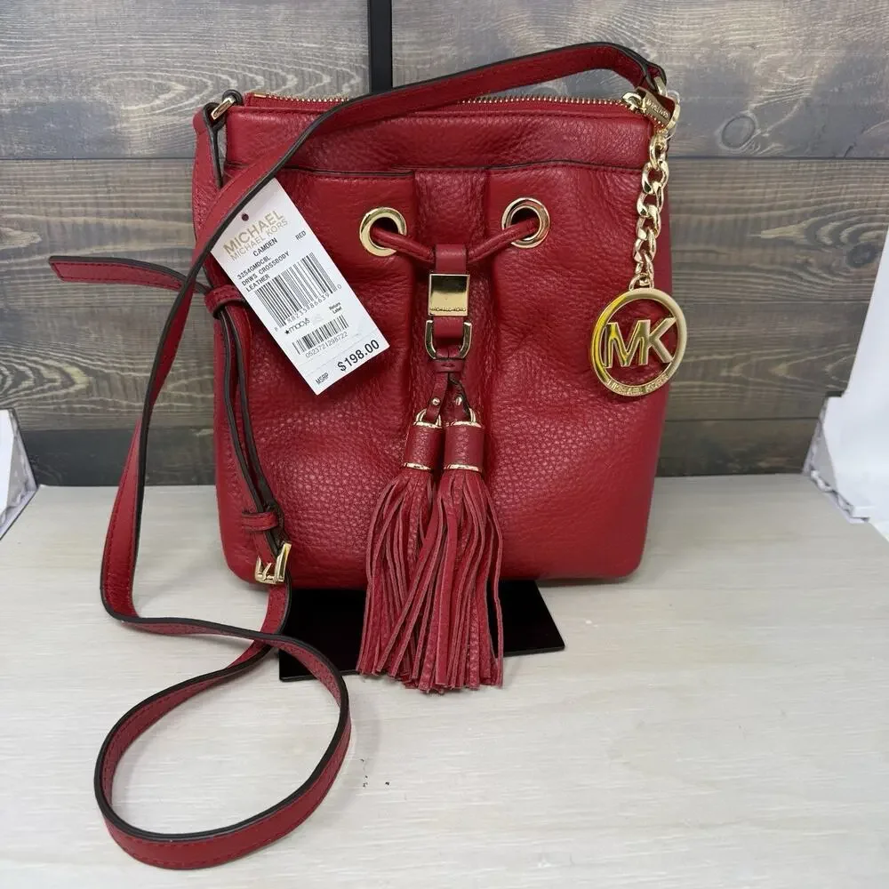 Michael Kors Camden Red Leather Drawstring Crossbody Bag